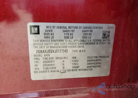 2018 Chevrolet Equinox Lt z USA, uszkodzony, nr VIN 2GNAXJEVXJ6177343